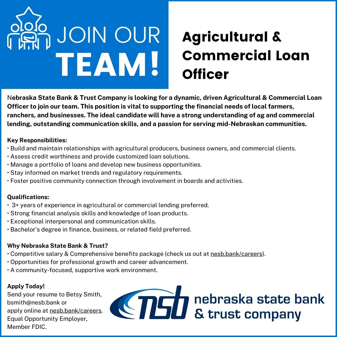 Ag and Commercial Loan Officer Position.  Call for more details